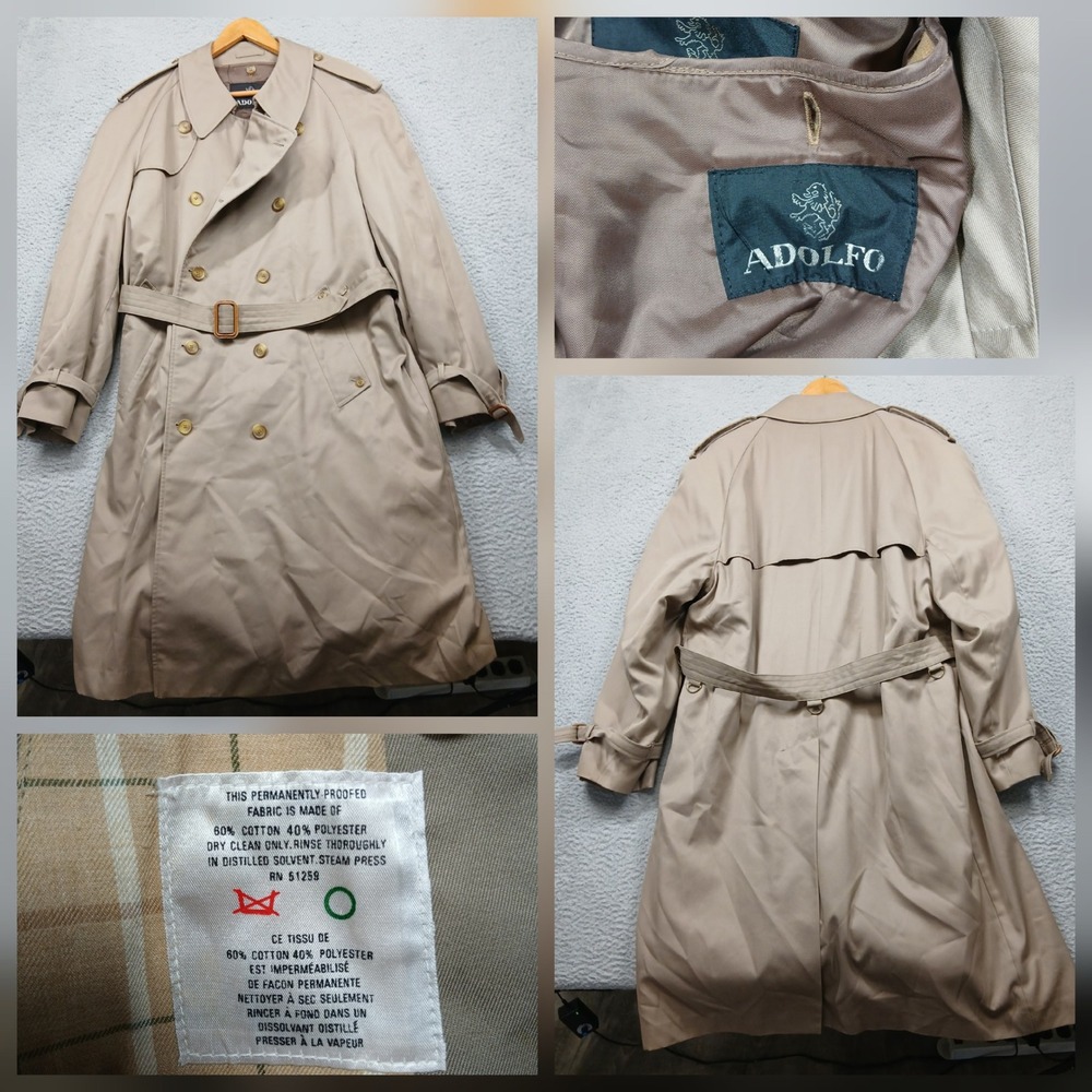 Adolfo Men's Tan Belted Double Breasted‎ Trench Coat Classic Lined
